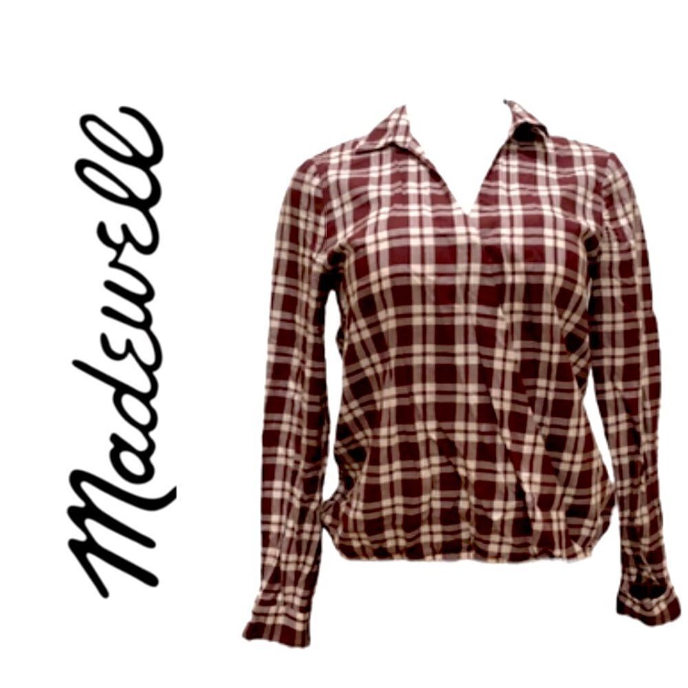 Madewell wrap front plaid blouse.